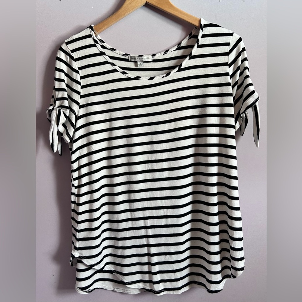 Green Envelope Black And White Striped Knotted Sleeve T-Shirt Top Size Medium
